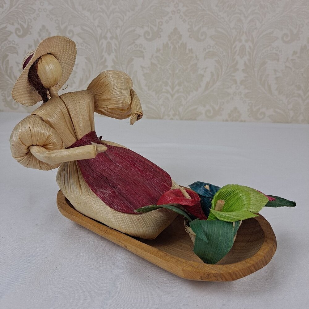 Handmade Corn Husk Doll with Flowers on a Boat Folk Art Made In Mexico